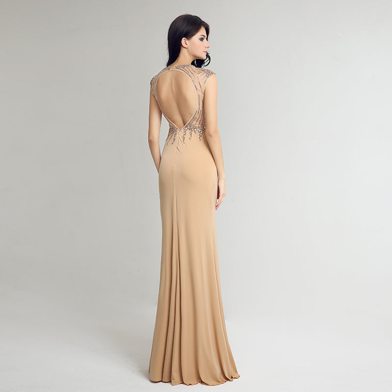 Exquisite Sleeveless Beige Mermaid Gown with Embellished Bodice Prom Dress,LX233