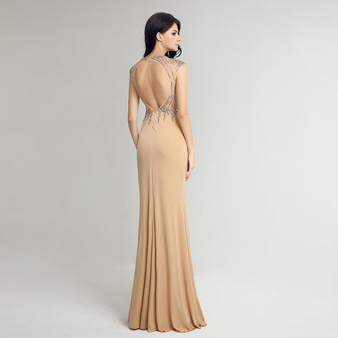 Exquisite Sleeveless Beige Mermaid Gown with Embellished Bodice Prom Dress,LX233