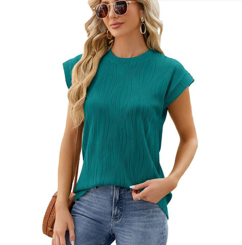Summer new solid color round neck loose short sleeved T-shirt top