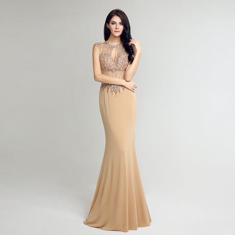 Exquisite Sleeveless Beige Mermaid Gown with Embellished Bodice Prom Dress,LX233