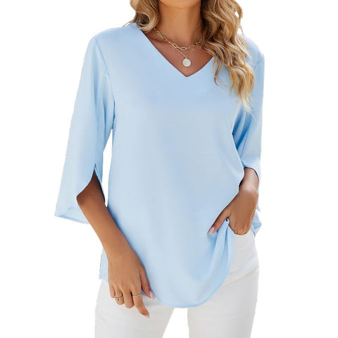 Spring/Summer New Solid Color V-neck Mid Sleeve Loose Chiffon Women's Top