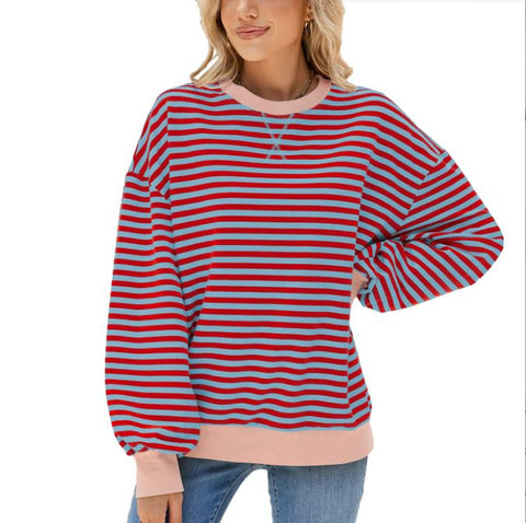 Autumn and winter striped round neck contrasting loose long sleeved sweatshirt jacket for women