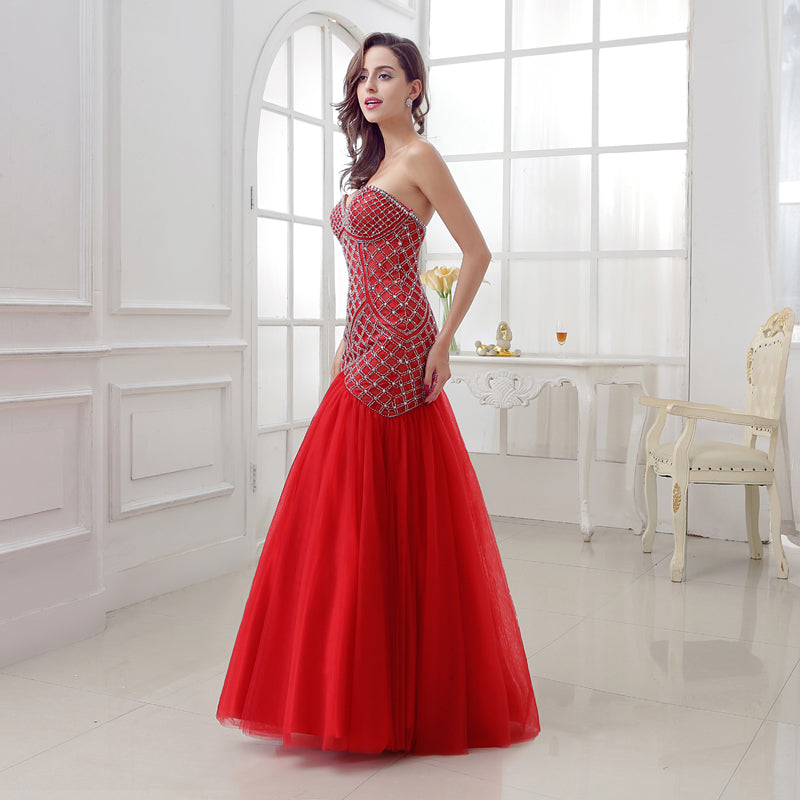 Stunning Strapless Red Mermaid Gown with Crystal Embellishments Prom Dress,LX285