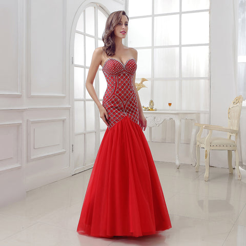 Stunning Strapless Red Mermaid Gown with Crystal Embellishments Prom Dress,LX285