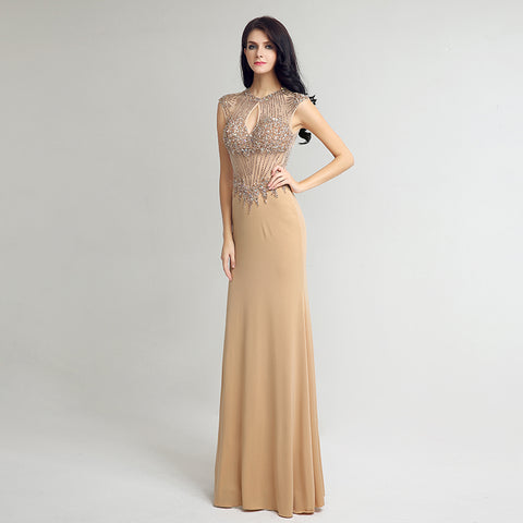 Exquisite Sleeveless Beige Mermaid Gown with Embellished Bodice Prom Dress,LX233