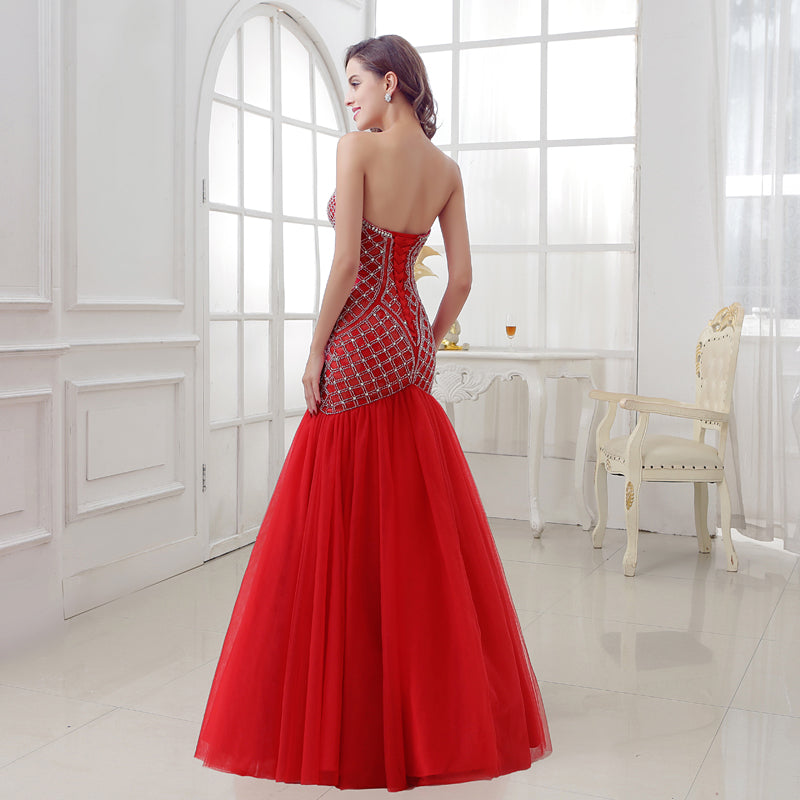 Stunning Strapless Red Mermaid Gown with Crystal Embellishments Prom Dress,LX285