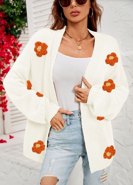Large size flower cardigan lantern sleeve knitted sweater