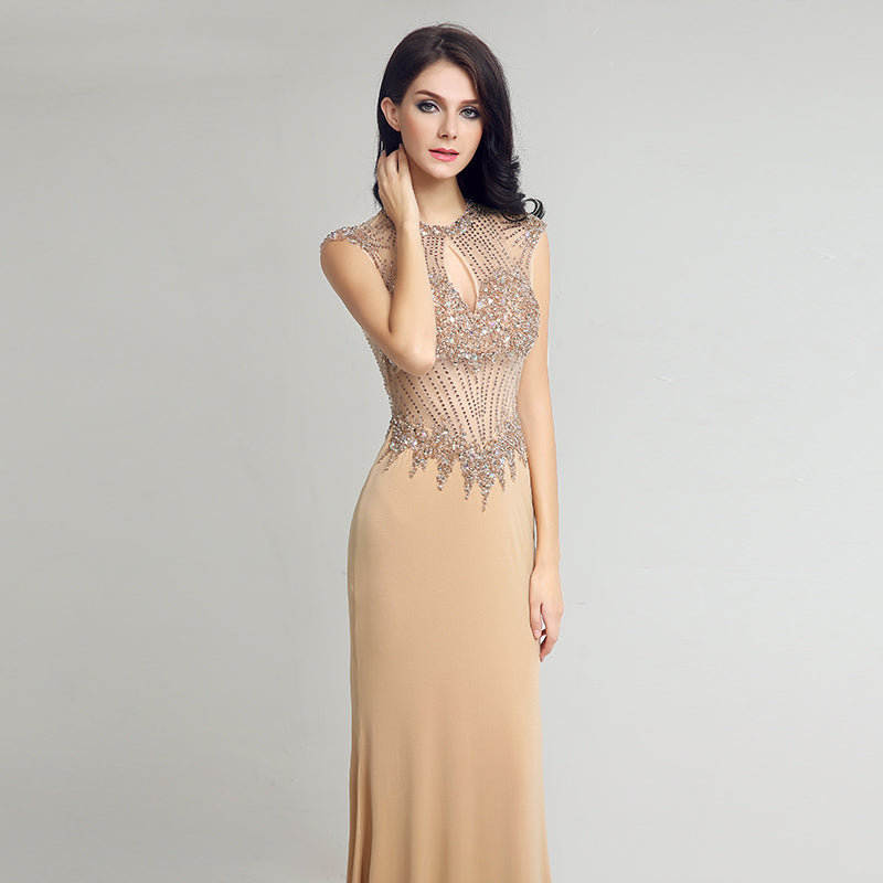 Exquisite Sleeveless Beige Mermaid Gown with Embellished Bodice Prom Dress,LX233