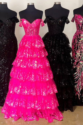 Off the Shoulder Princess Sequined Lace Prom Dresses