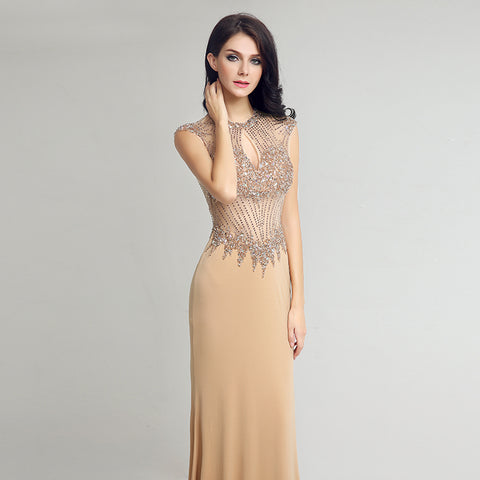 Exquisite Sleeveless Beige Mermaid Gown with Embellished Bodice Prom Dress,LX233
