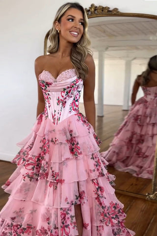 Sweet A Line Sweetheart Floral Printed Chiffon Tiered Prom Dresses