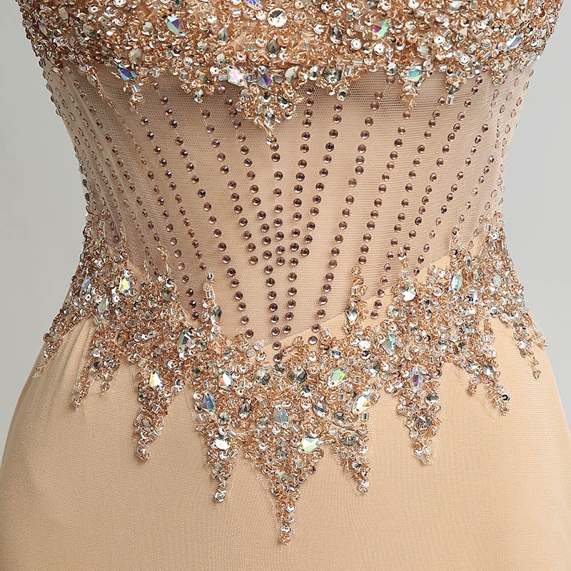 Exquisite Sleeveless Beige Mermaid Gown with Embellished Bodice Prom Dress,LX233