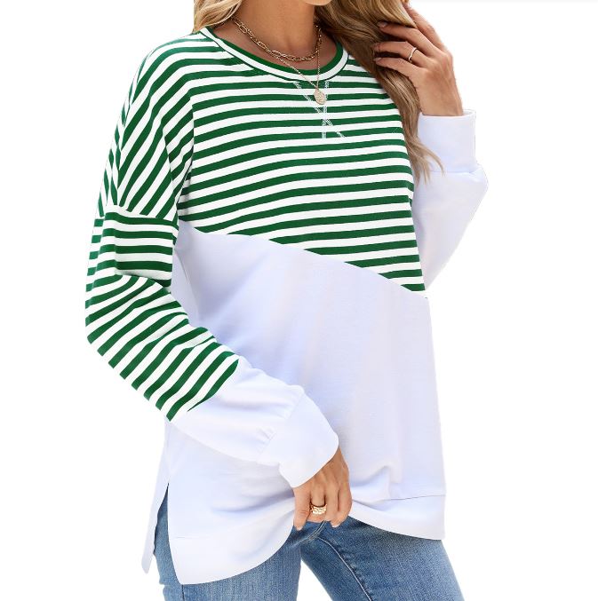 Autumn and winter new solid color round neck contrasting striped long sleeved sweatshirt jacket for women