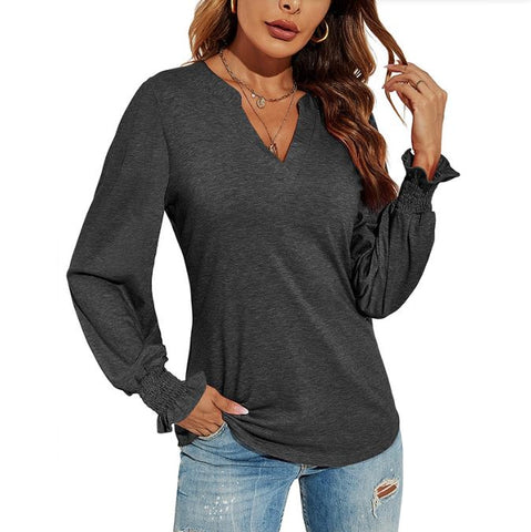 New V-neck patchwork loose autumn solid color top