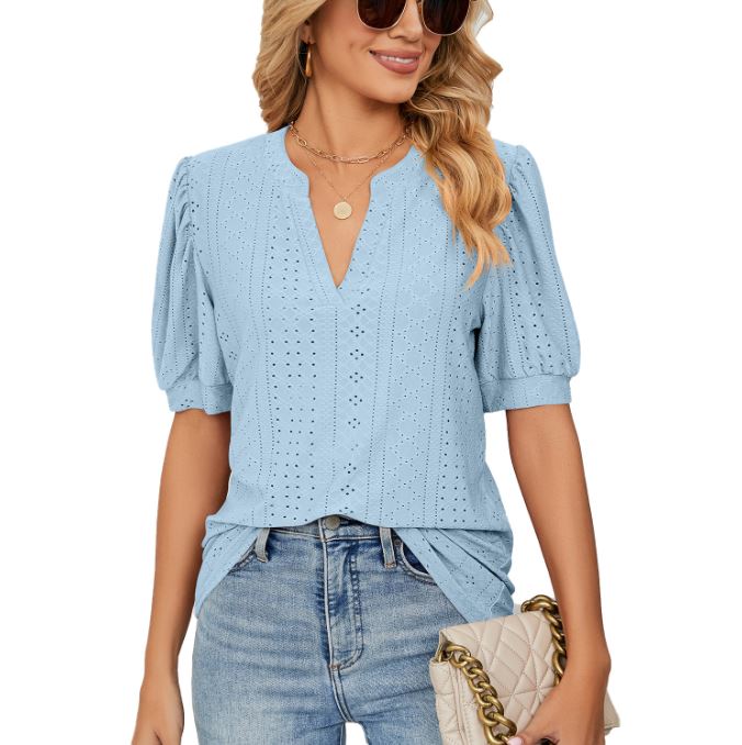 Summer casual V-neck solid color hollow bubble sleeve loose T-shirt