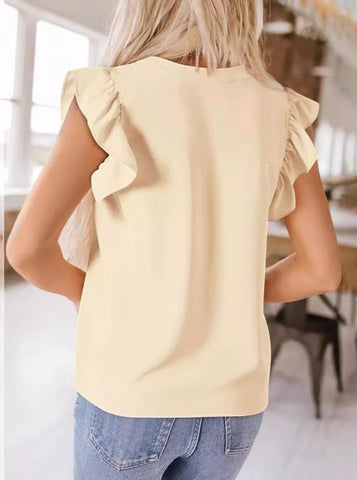Fashionable chiffon V-neck petal lotus leaf short sleeved waistband top