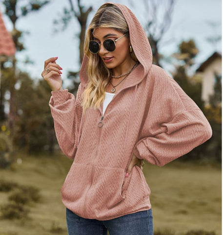 Autumn and winter new solid color pocket long sleeved loose hooded sweatshirt jacket