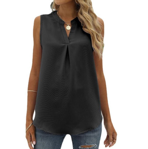 Solid color chiffon shirt loose V-neck pullover sleeveless top vest
