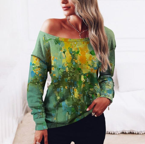 Long sleeved 3D digital printed women's shoulder sweatshirt