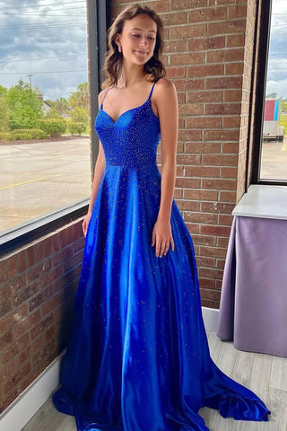 Charming V Neck A Line Satin Long Prom Dresses with Beading