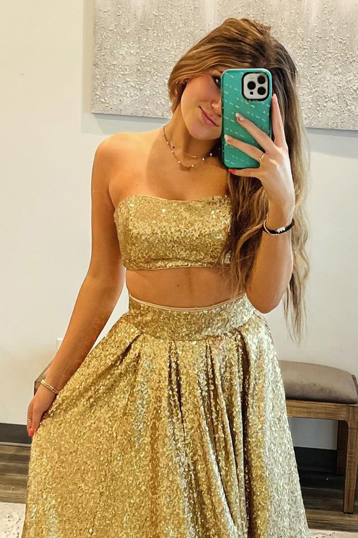 Two Piece Strapless Sequins Long Gold Prom Dress
