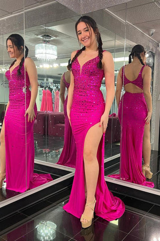 Fuchsia Mermaid V Neck Beaded Long Prom Dresses with Slit