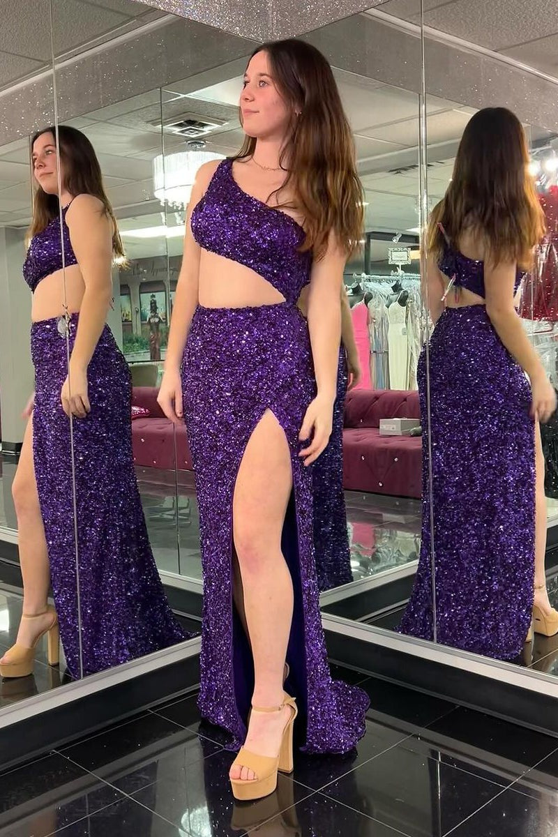 Mermaid Purple One Shoulder Sequins Long Prom Dresses