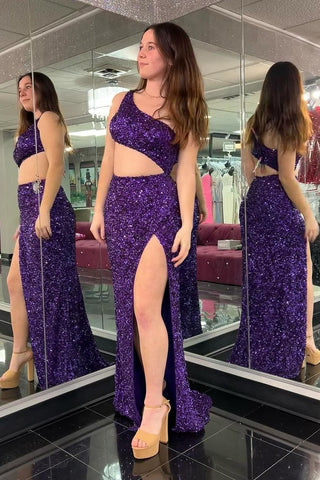 Mermaid Purple One Shoulder Sequins Long Prom Dresses