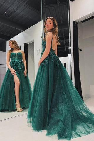 Elegant Spaghetti Straps Green Tulle A Line Prom Dress with Appliques