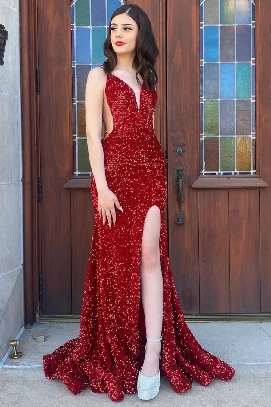 Red Mermaid Sequin Sheer Mesh  Long Formal Dress with Slit