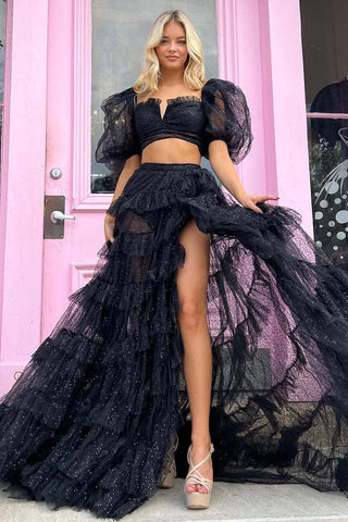 Two Piece Black Balloon Sleeves Ruffle Square Neck Prom Dress