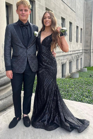 Charming V Neck Black Sequins Long Mermaid Prom Dresses