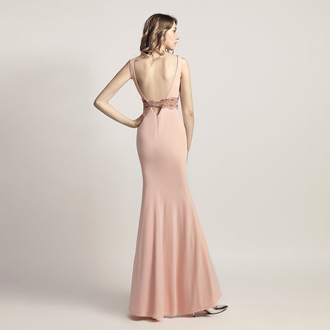 Elegant Blush Pink Sleeveless Mermaid Gown with Embroidered Waistband Prom Dress,LX453