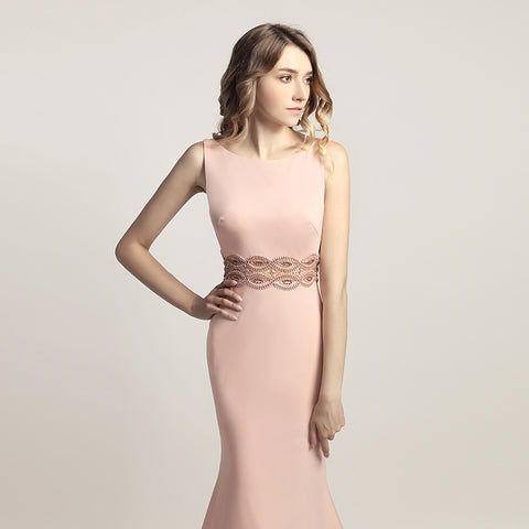 Elegant Blush Pink Sleeveless Mermaid Gown with Embroidered Waistband Prom Dress,LX453