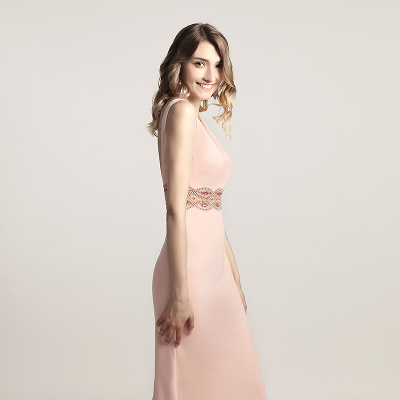 Elegant Blush Pink Sleeveless Mermaid Gown with Embroidered Waistband Prom Dress,LX453