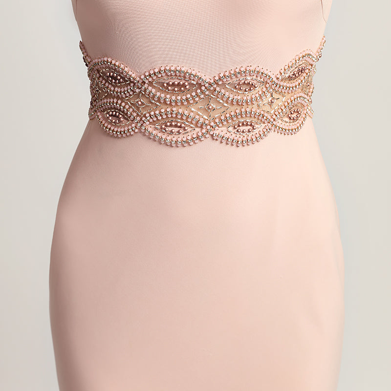 Elegant Blush Pink Sleeveless Mermaid Gown with Embroidered Waistband Prom Dress,LX453