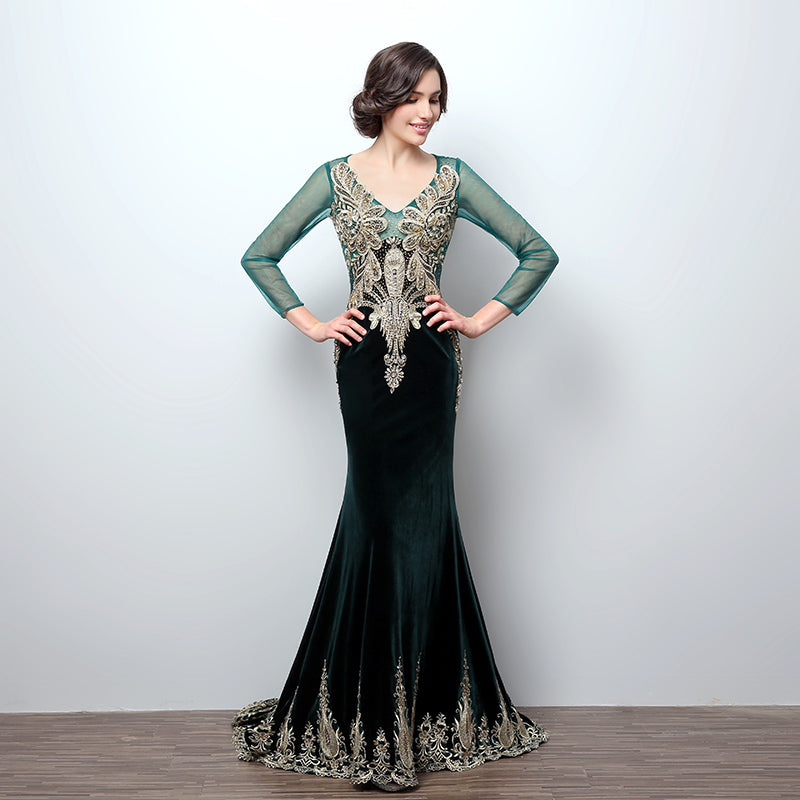 Gorgeous Long - Sleeved Emerald Green Mermaid Gown with Gold Embroidered Detailing Prom Dress,LX362