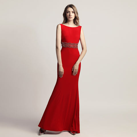 Elegant Blush Pink Sleeveless Mermaid Gown with Embroidered Waistband Prom Dress,LX453