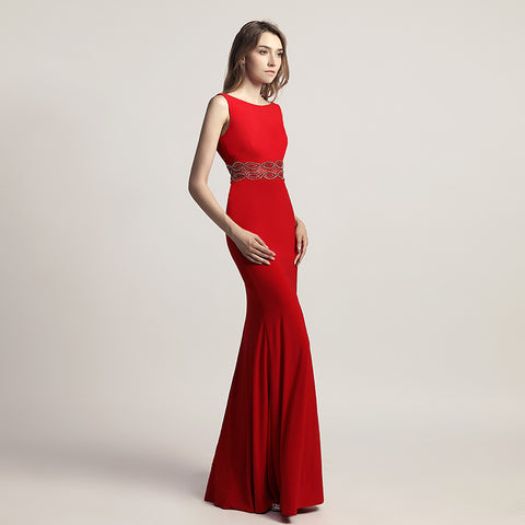 Elegant Blush Pink Sleeveless Mermaid Gown with Embroidered Waistband Prom Dress,LX453