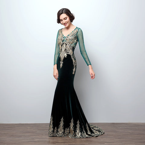 Gorgeous Long - Sleeved Emerald Green Mermaid Gown with Gold Embroidered Detailing Prom Dress,LX362