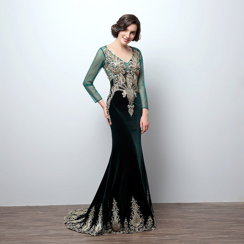 Gorgeous Long - Sleeved Emerald Green Mermaid Gown with Gold Embroidered Detailing Prom Dress,LX362