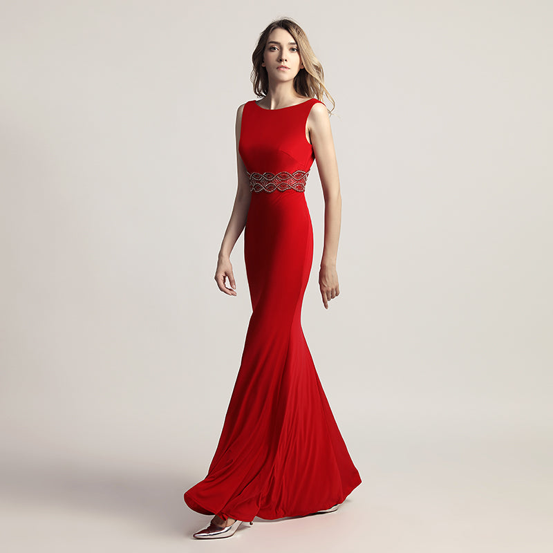 Elegant Blush Pink Sleeveless Mermaid Gown with Embroidered Waistband Prom Dress,LX453