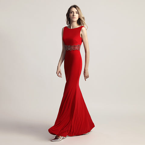 Elegant Blush Pink Sleeveless Mermaid Gown with Embroidered Waistband Prom Dress,LX453