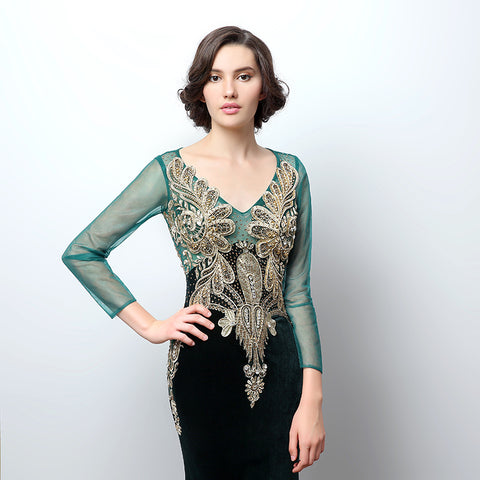 Gorgeous Long - Sleeved Emerald Green Mermaid Gown with Gold Embroidered Detailing Prom Dress,LX362