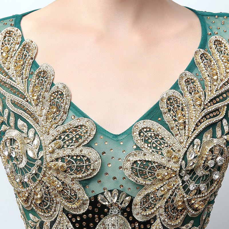 Gorgeous Long - Sleeved Emerald Green Mermaid Gown with Gold Embroidered Detailing Prom Dress,LX362