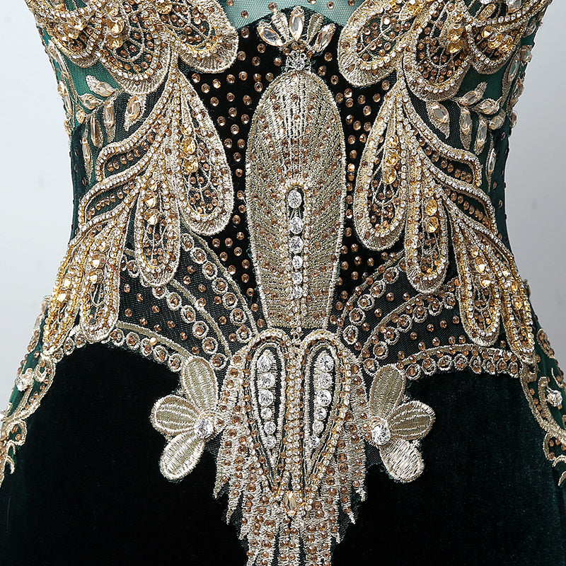 Gorgeous Long - Sleeved Emerald Green Mermaid Gown with Gold Embroidered Detailing Prom Dress,LX362