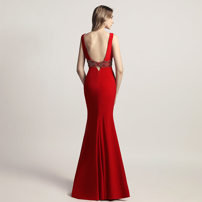 Elegant Blush Pink Sleeveless Mermaid Gown with Embroidered Waistband Prom Dress,LX453