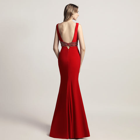 Elegant Blush Pink Sleeveless Mermaid Gown with Embroidered Waistband Prom Dress,LX453