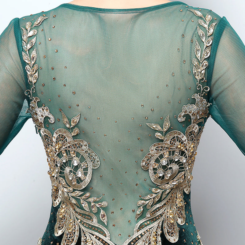 Gorgeous Long - Sleeved Emerald Green Mermaid Gown with Gold Embroidered Detailing Prom Dress,LX362