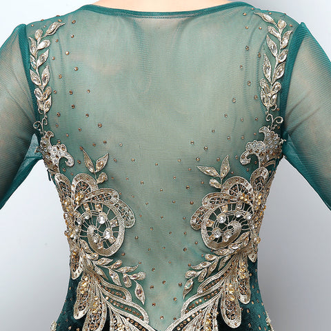 Gorgeous Long - Sleeved Emerald Green Mermaid Gown with Gold Embroidered Detailing Prom Dress,LX362